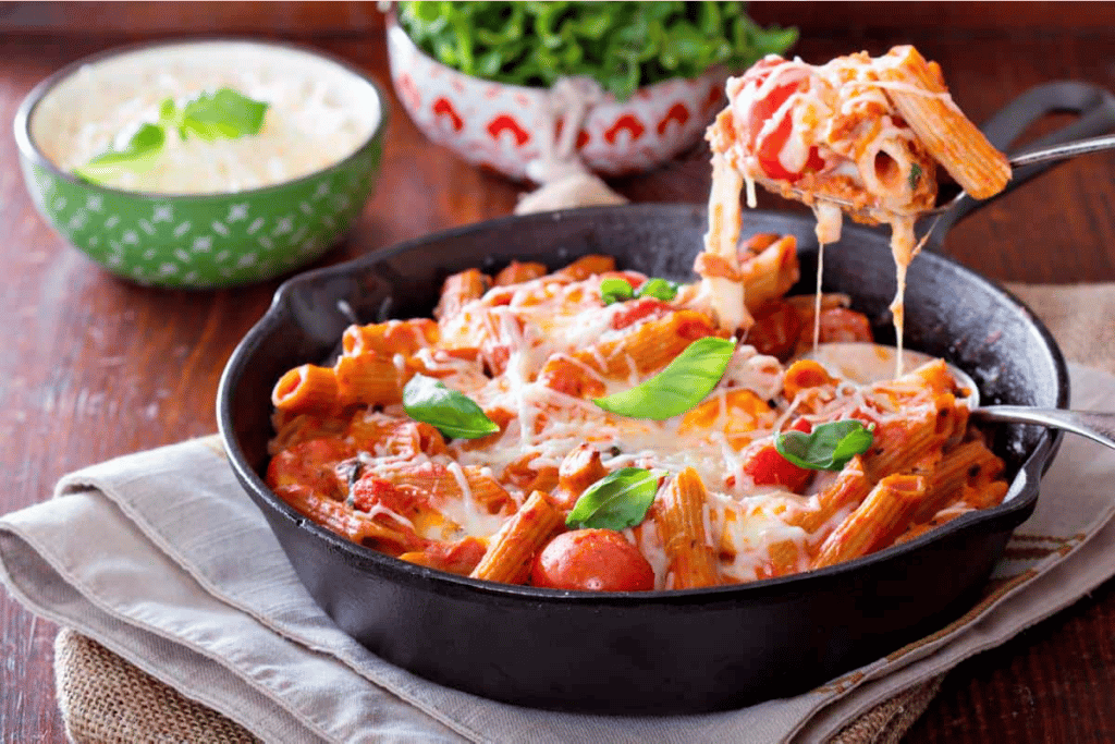 Macarrão com presunto, queijo e ervilhas