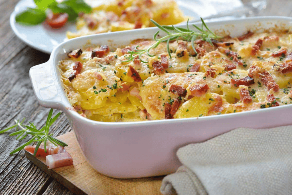 Batata Gratinada com Creme de Queijo e Bacon